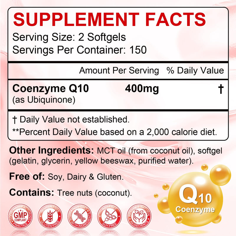 CoQ10 400mg Per Serving, 300 Softgels Extra Strength with MCT Oil | Coenzyme Q10 as Ubiquinone, Antioxidant Support for Heart & Energy Health, Non-GMO,Gluten & Soy-Free,150-Day Supply 300 Count (Pack of 1)