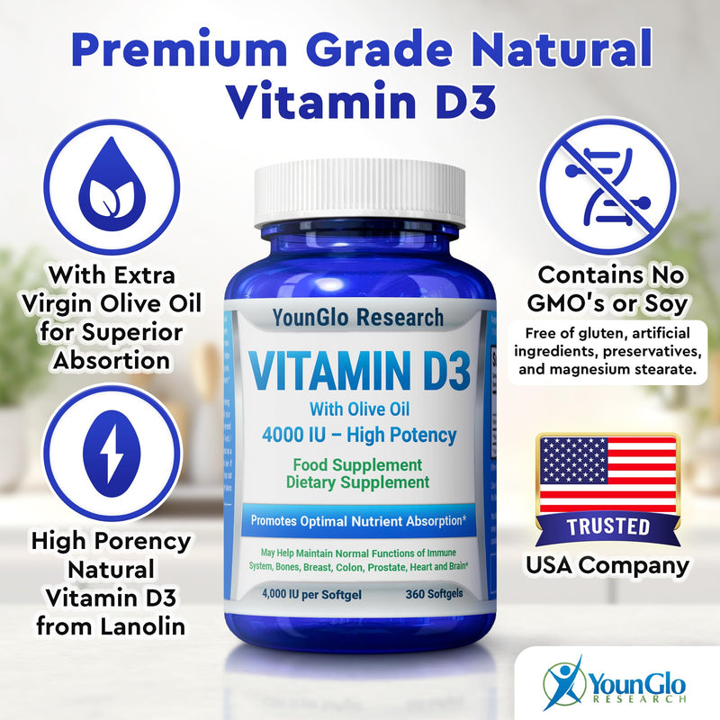 Vitamin D3 4000 IU Dietary Supplement - 360 Softgels - Bone & Immune Health | YounGlo Research GMP-certified, easy-to-swallow Vitamin D3 w/ olive oil promotes calcium absorption, bone strength & immunity