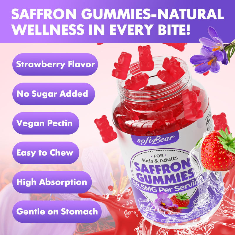 softbear Saffron Gummies for Kids & Adults, 10-in-1 Organic Saffron Supplements with 88.5mg Saffron Extract Support Calm Mind & Focus & Zzz, Sugar Free/Non-GMO, Strawberry Flavor 60 Count 60 Count (Pack of 1)