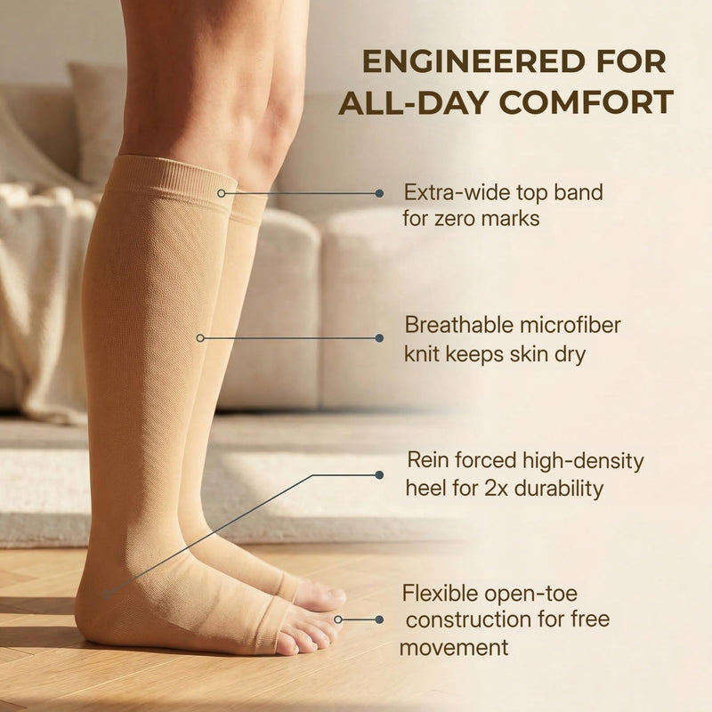 MGANG® 20-30 mmHg Compression Stockings for Men and Women, 2 Pairs Medical Compression Socks, Knee High Length, Open Toe, Opaque, Support Hose for Varicose Veins, Oedema, Swelling, Beige Medium 1 Pair Beige + 1 Pair Beige - BeesActive Australia