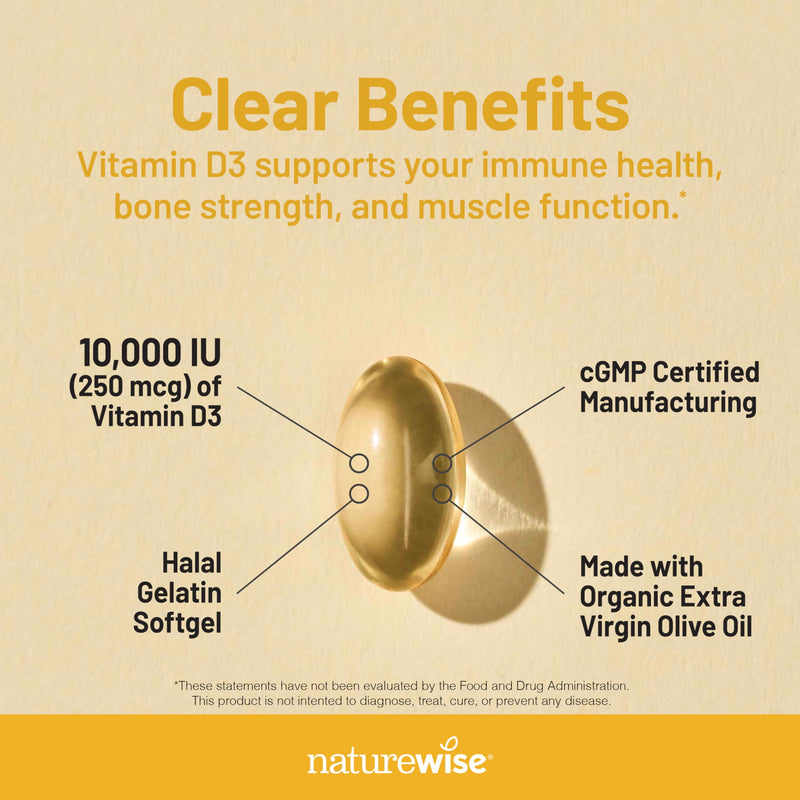 NatureWise Vitamin D3 10000IU Supplement, Immune Support, 90 Mini Softgels 90 Count (Pack of 1) 10000 IU