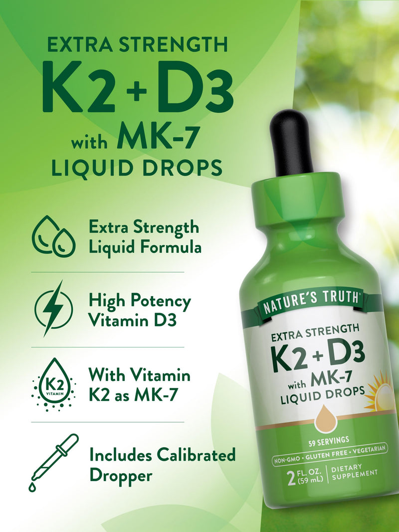 Nature's Truth Vitamin D3 K2 Liquid Drops | with MK-7 | 2 Fl Oz | Vegetarian, Non-GMO & Gluten Free Supplement | Essential Support
