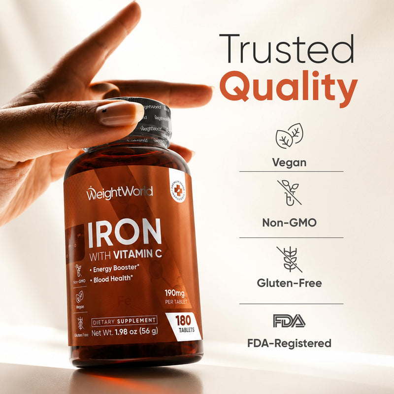 WeightWorld Iron 65mg with Vitamin C 125mg Tablets for Blood Health, Energy & Immune Support | 180 Tablets (6-Month Supply) | Gentle Iron Supplement for Women & Men - Vegan, Non-GMO