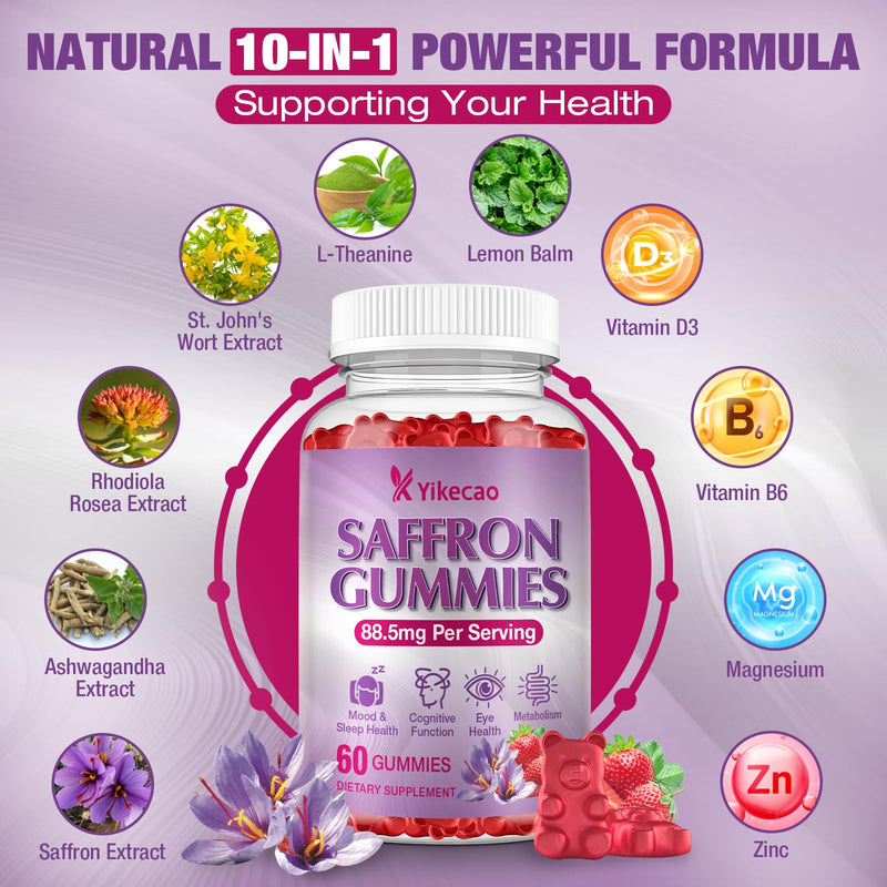 Saffron Supplements Gummies, 88.5mg Extract with Vitamin D3, B6, Magnesium, Ashwagandha, L-Theanine, Sugar-Free, Strawberry Flavor, 60 Count 1pack
