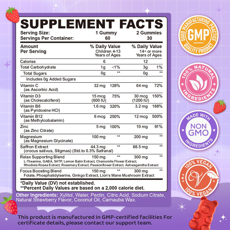 Saffron Gummies for Kids & Adults, 20-in-1 Saffron Supplements with 88.5mg Saffron Extract, B6, B12, C, D3, Magnesium for Calm, Focus, Nerve, Sugar Free, Vegan, Non-GMO - Strawberry Flavor, 60 Counts 60 Count (Pack of 1)