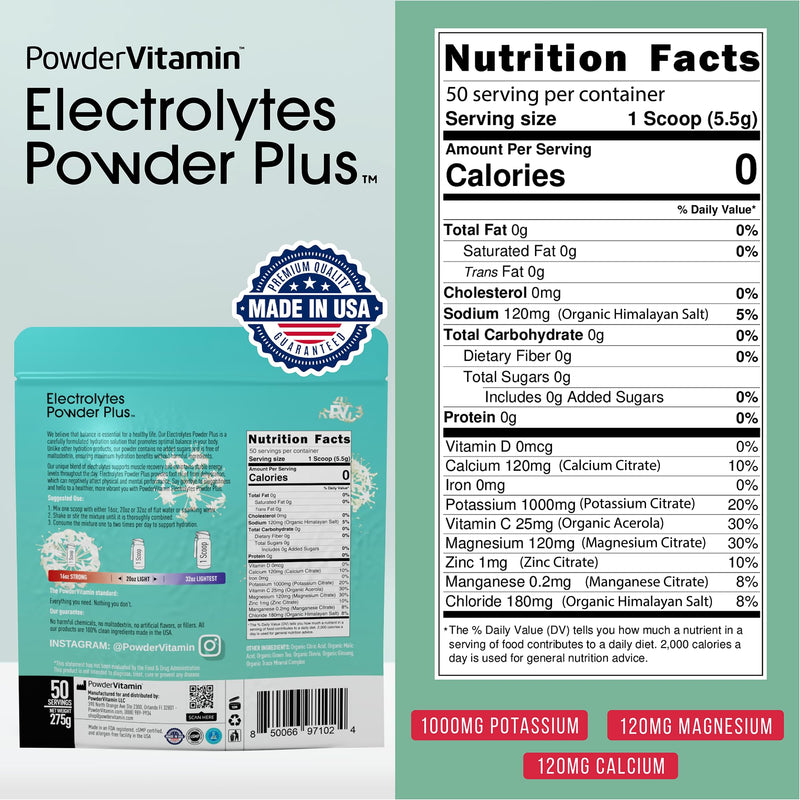 PowderVitamin Electrolytes Powder Plus - 50 Servings - Green Tea Ginseng | Sugar-Free Hydration Powder, 1000mg Potassium, 120mg Magnesium, 120 mg Calcium, Himalayan Salt, Vitamin C & Zinc, USA Made