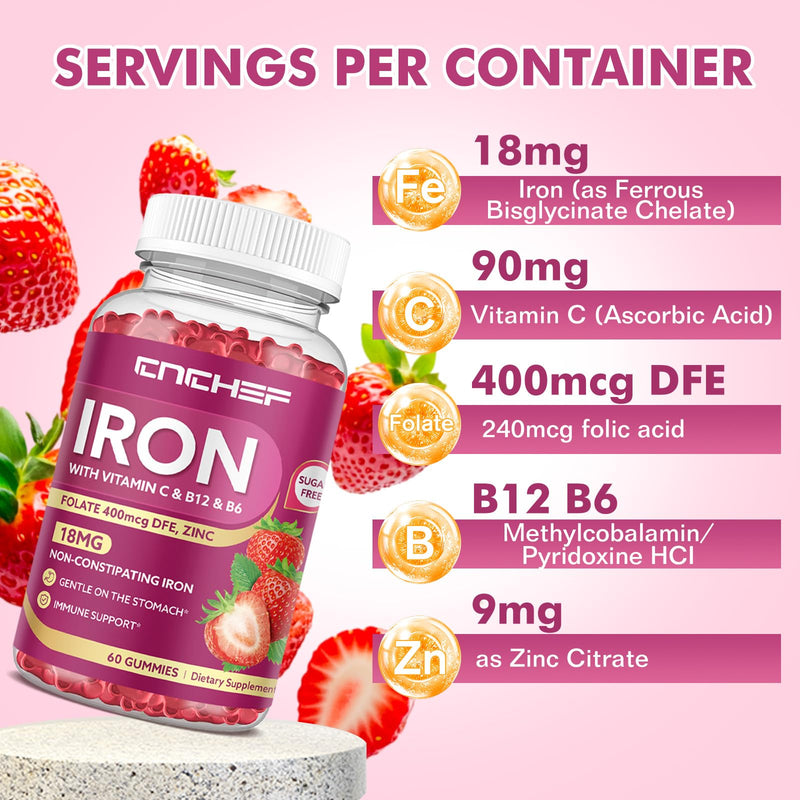 2 Pack Iron Gummies with Multivitamin, Iron Supplement for Women & Men with Folate, Zinc & Vitamin C, B12, B6 for Adults & Kids - Blood Builder & Energy Support for Iron Deficiency - 120 Gummies Strawberry 60 Count (Pack of 2)