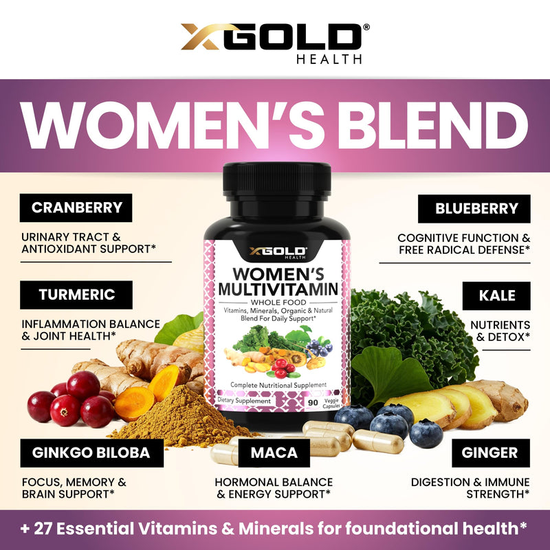 X Gold Health Vegan Women's Daily Multivitamin 50 Plus Organic WholeFood | Based Natural Ingredients, Ginger, Maca, Multi-Vitamin B Complex & More - Energy Support, Immune System Booster -90 Capsules