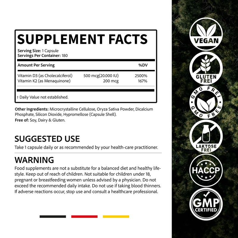 Premium Vitamin D3 + K2, 20,000 IU + 200 mcg, Depot (180 Capsules, High Strength & Vegan) – German Brand Quality