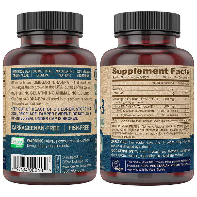 DEVA Vegan Omega-3 DHA-EPA 300MG 2-Pack – No Carrageenan, Non-Fish Oil Derived from Algae, Non-GMO, 90 Gelatin-Free Softgels Ea 90 Count (Pack of 2)