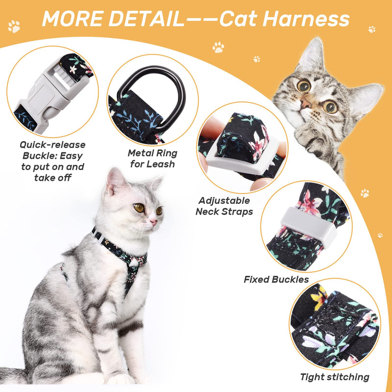 PETTOM floral pattern cat harness with leash cat leash with harness for cats with round lanyard escape-proof adjustable chest strap suitable for small and medium cats M black - BeesActive Australia