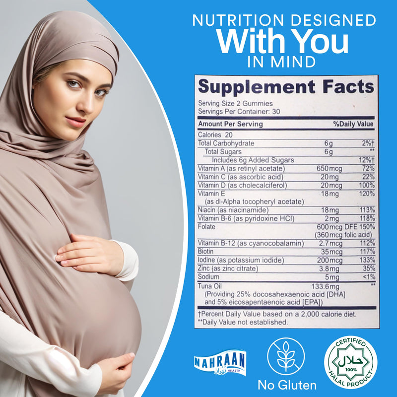 Halal Prenatal Gummies for Women - Halal Gummy Prenatal Vitamins with DHA and Folic Acid for Before/During/After Pregnancy, 60 Count, 30 Day Supply