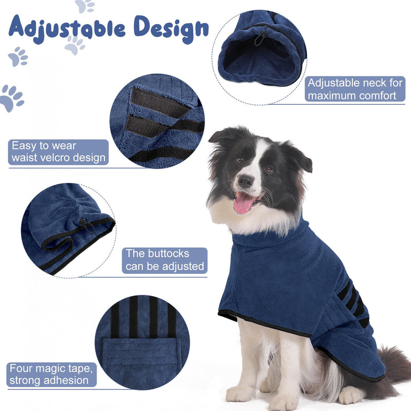 HezzLuv Bathrobe for Dogs, Microfiber Dog Bathrobe for Medium and Large Dogs, Absorbent Dog Towel, Quick Drying, Dog Drying Robe with Velcro Fastener (Dark Blue XL) Blue (Black Side) - BeesActive Australia