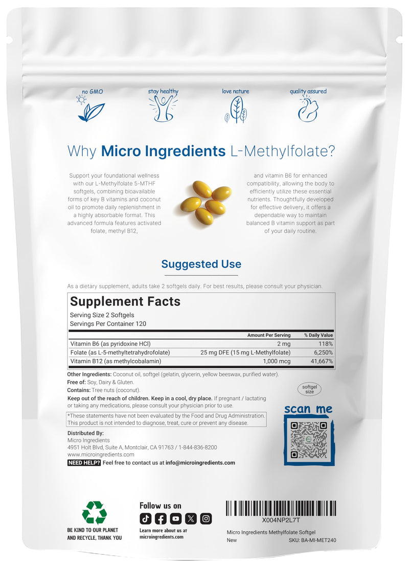 Micro Ingredients L Methylfolate 15mg, 240 Softgels | Active 5-MTHF with B6 & Methyl B12 | Methylated Vitamin B9 with Coconut Oil