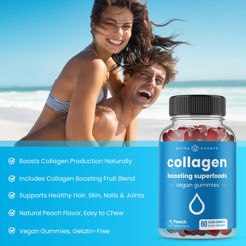 NutraChamps Collagen Boosting Gummies, Collagen Booster Gummy for Natural Collagen Production, Vegan Pectin Supplements Chews for Women & Men, 60 Peach Gummies (Pack of 2) 60 Count (Pack of 2)