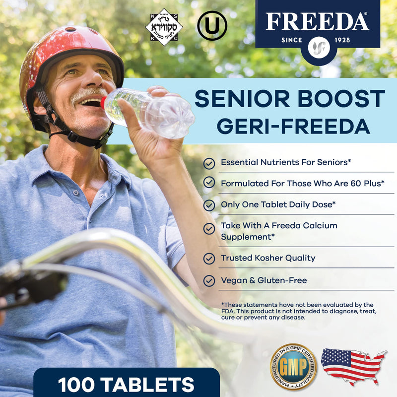 FREEDA Senior Multivitamin Tablets for Adults 60+ - 250 Count | Kosher Senior Multivitamin with Essential Vitamins and Minerals - Featuring One Daily Coated Tablet for Easy Use 250 Count (Pack of 1)