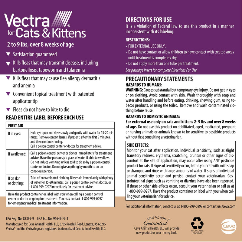 Vectra for Cats & Kittens Flea Treatment & Prevention for Small Cats (2-9 lbs.) 3-Month Supply 3 Pack