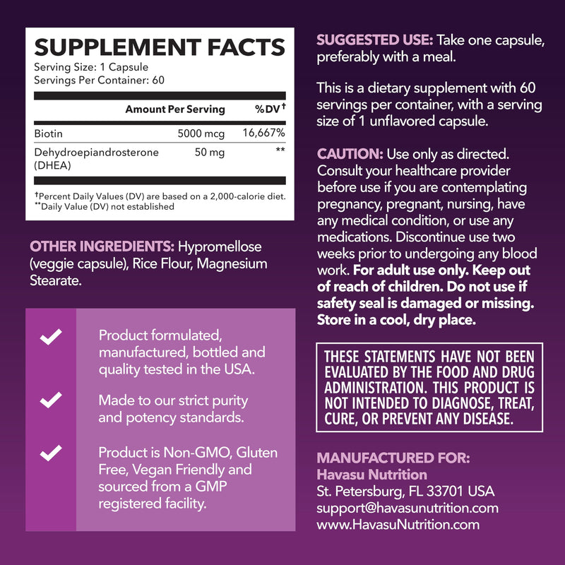 DHEA Supplement for Women with Biotin 5000mcg Per Serving, 2 Month Supply | DHEA 50mg and Biotin Supplement for Hormone Balance and Hair, Skin, Nail Support, Vegan, Non-GMO, Gluten-Free, 60 Servings DHEA + Biotin (60 Count)