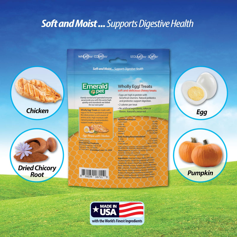 Emerald Pet Wholly Egg Cat Treats for Digestive Health – Soft & Moist Chicken Cat Treats with Natural Prebiotics & Probiotics – Supports Gut Health, 2.5 oz