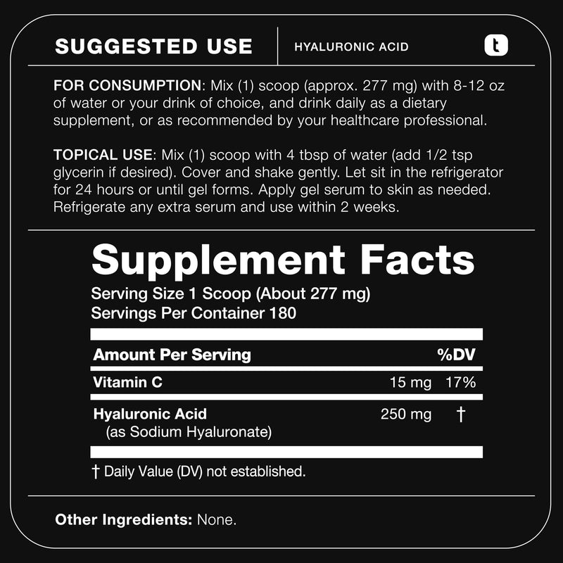 Toniiq Ultra Purified Bioavailable Hyaluronic Acid Powder | For Deeper Skin Hydration - 250mg with Vitamin C for Enhanced Absorption - 180 Servings