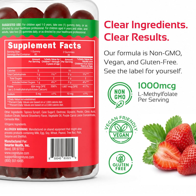 CogniTune Methylfolate Gummies for Kids and Adults 1000mcg 60 Count | L-Methylfolate 5-MTHF, MTHFR Support, Strawberry Chewable Vitamin B9, Non-GMO Vegan 60 Count (Pack of 1)
