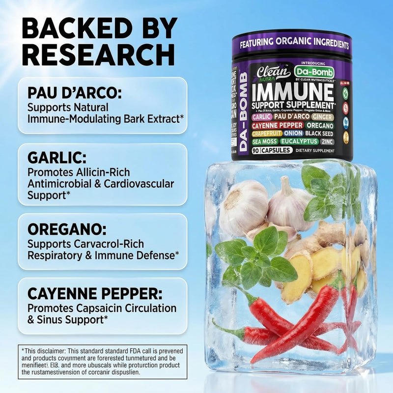 Organic Immune Support with PAU D'Arco Garlic Cayenne Pepper Oregano Ginger Grapefruit Onion Black Seed Sea Moss Black Pepper Zinc Eucalyptus Vitamin C Vitamin D Organic Soursop By Clean Nutra 1