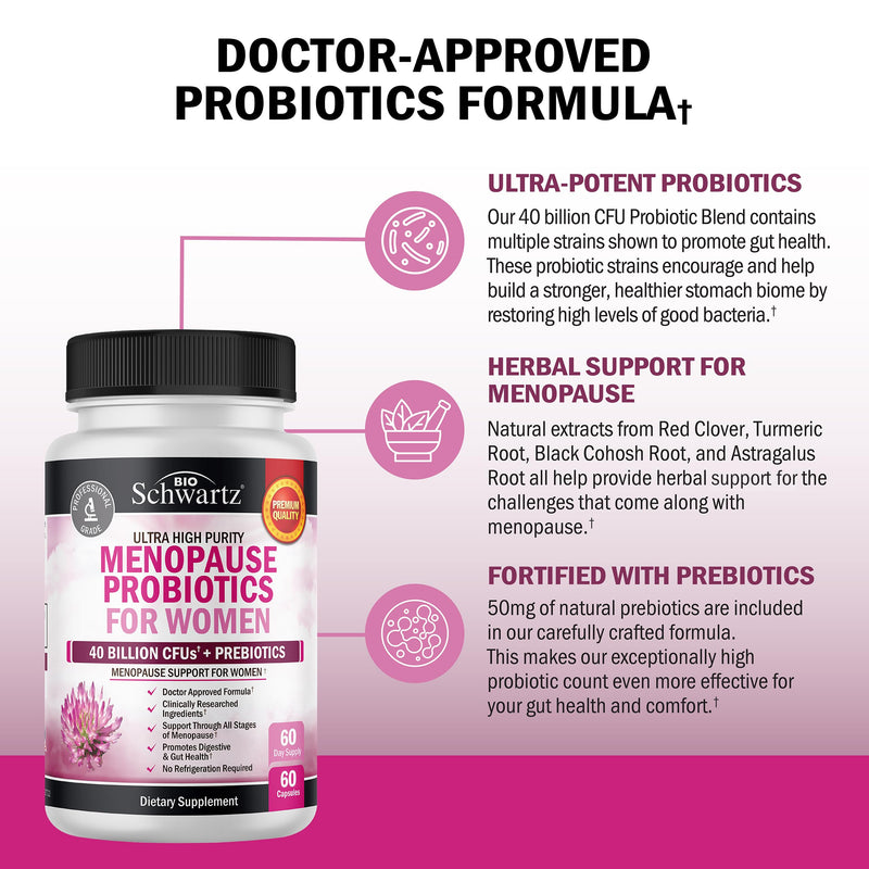 Menopause Supplements for Women - 40B CFU Menopause Probiotics for Women | Support for Hot Flashes Night Sweats Mood Swings and Balance - Non-GMO, 60 Easy-Swallow Capsules, 60 Servings 60 Count (Pack of 1)