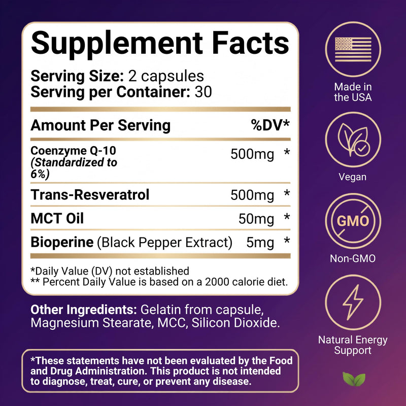 CoQ10 Powerful Antioxidant (Capsules Coq10+Resveratrol) 60 Count (Pack of 1)