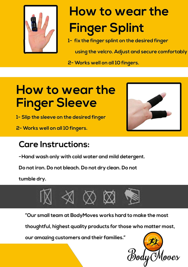 BodyMoves 2 Finger Splints plus 2 sleeves for Trigger Mallet Broken Finger brace joint support for men and women- ideal for seniors (4 pc set, Midnight Black) 4 Count (Pack of 1)