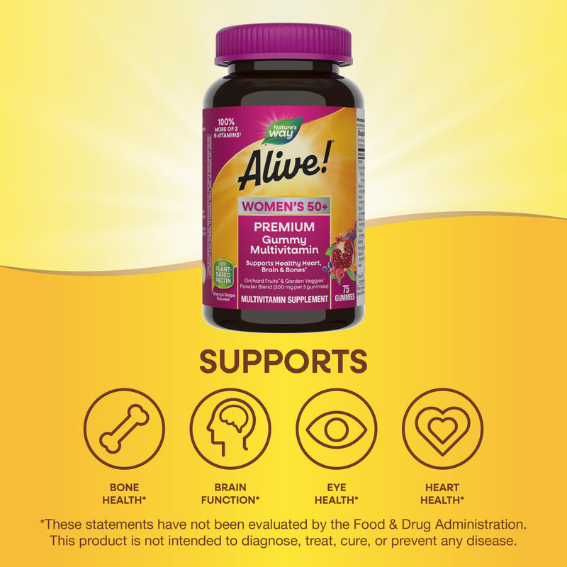 Nature's Way Alive! Women's 50+ Premium Gummy Multivitamin Supplement, Supports Heart, Brain & Bones*,B-Vitamins,Vegetarian,Grape&Cherry Flavored Gummy Vitamins,75 Gummies Packaging Vary,(Pack of 2) 75 Count (Pack of 2)