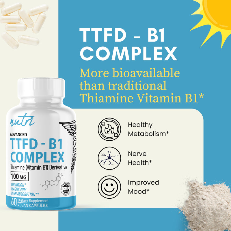 Nature's Fusions TTFD Thiamine B1 Supplement - 100mg 60 Servings - with 8mg Magnesium - No Toxic Fillers - TTFD Thiamine Tetrahydrofurfuryl Disulfide - Third Party Lab Tested - Nutri Supplements 60 Count (Pack of 1)