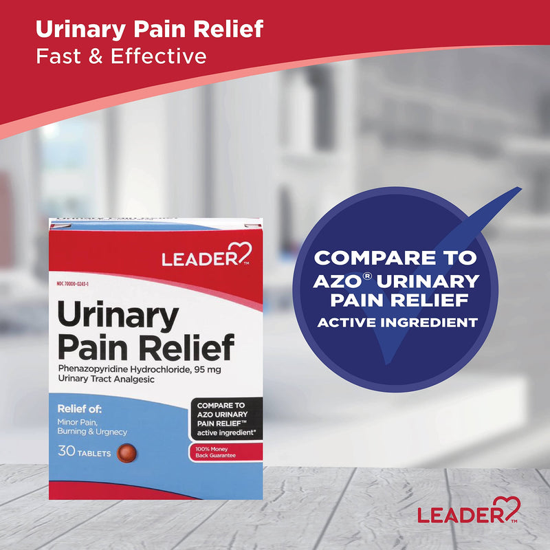 LEADER Urinary Pain Relief Maximum Strength, Fast Relief of UTI Pain, Burning & Urgency, Urinary Tract, Phenazopyridine Hydrochloride 95 mg, 30 Tablets, 2-Pack MAX Strength 60.0 - BeesActive Australia