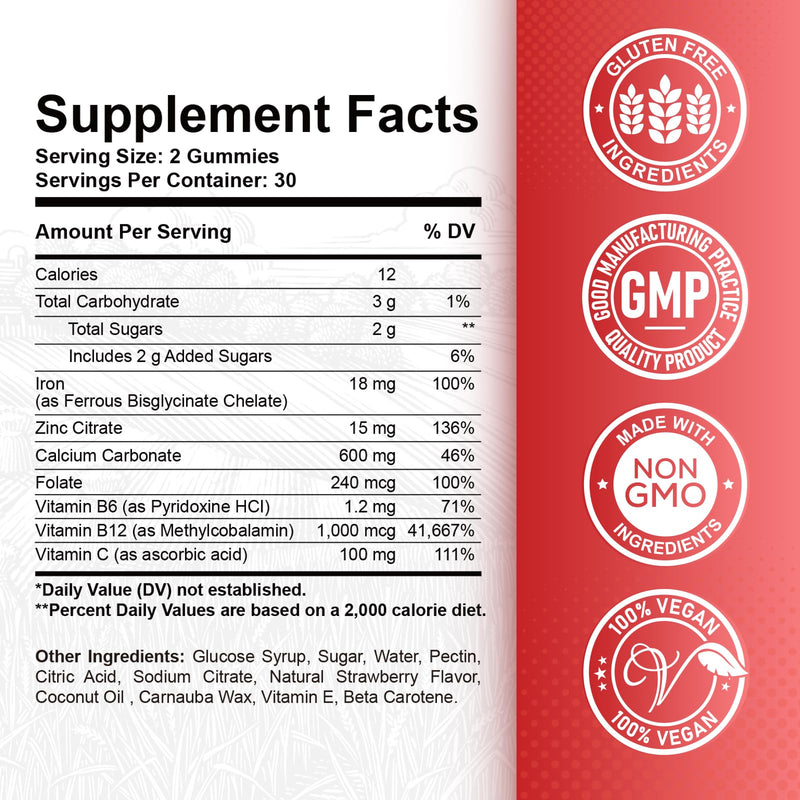 Iron Gummies - with Calcium, Zinc, Folate & Vitamin B12, C,B6 for Adults & Kids - Blood Builder & Energy Support for Iron Deficiency, Anemia, Vegan - 60 Gummies Strawberry 60 Count (Pack of 1) - BeesActive Australia