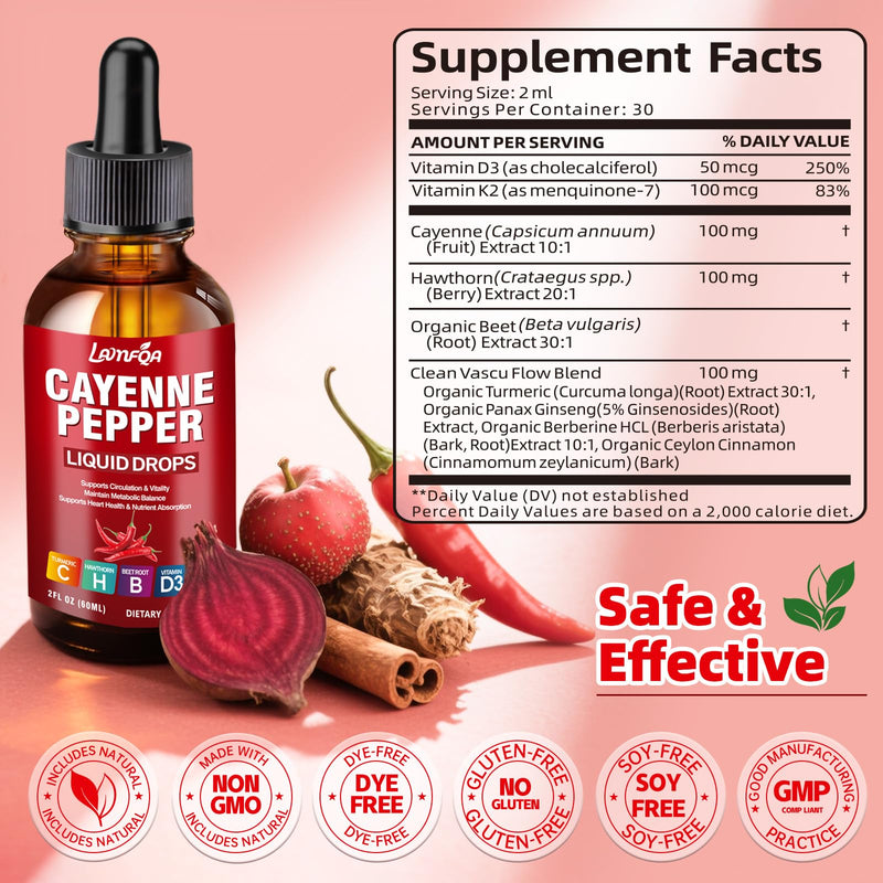 Cayenne Pepper Drops with Hawthorn, Turmeric Curcumin, Beet Root, Vitamins D3 & K2 - Vegan, Fast-Absorbing Supplement - 2 Fl Oz