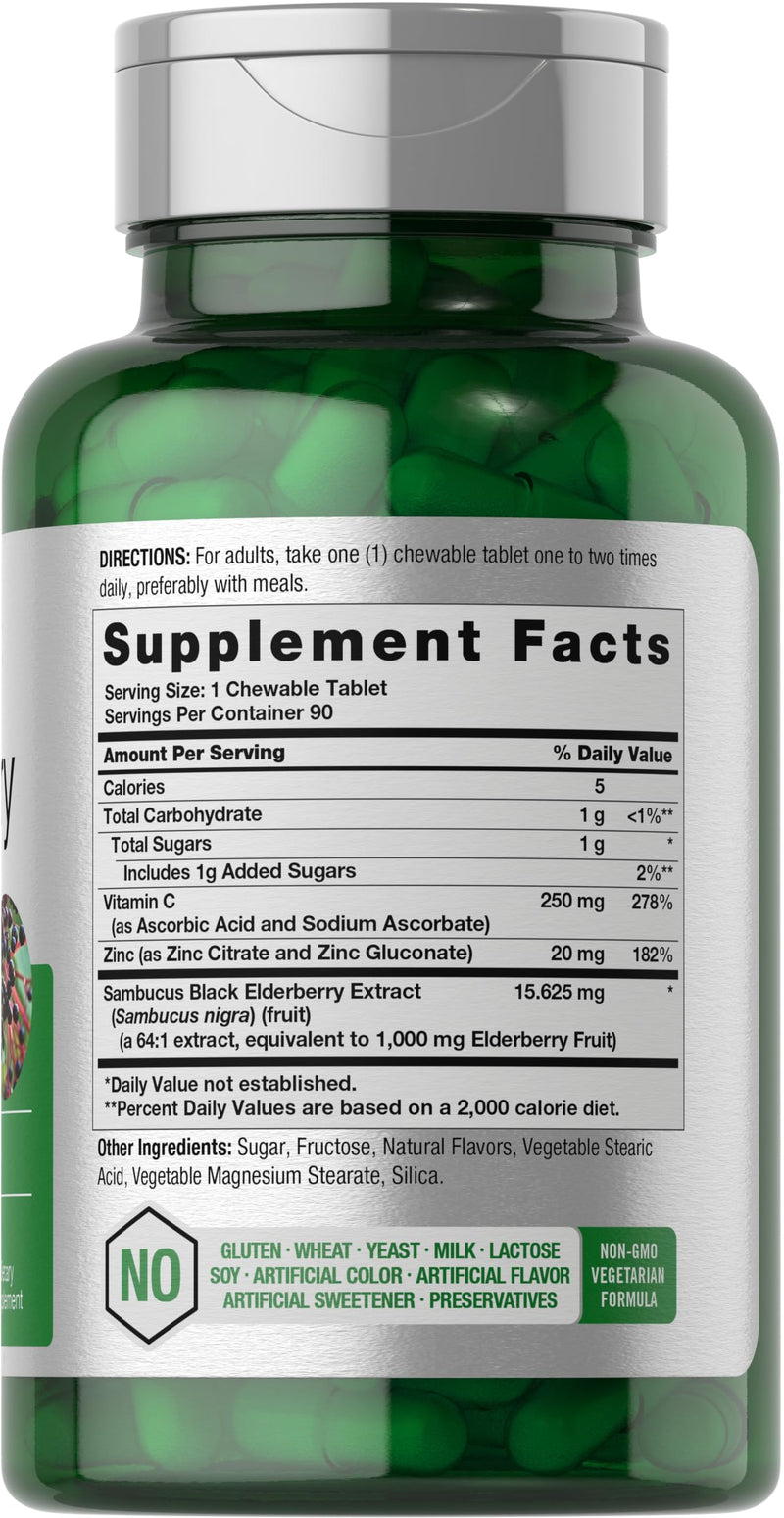 Horbaach Black Elderberry with Vitamin C and Zinc | 90 Chewable Tablets | Mixed Berry Flavor | Immune Support Complex | Vegetarian, Non-GMO, and Gluten Free Supplement 90 Count (Pack of 1)