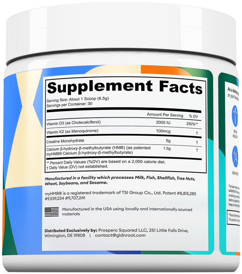 GoldenRoot GLDN Creatine HMB - Creatine Monohydrate with HMB for sustained Muscle Support and Recovery with Vitamin D3 and K2 for Bone and Joint Health - Unflavored - 30 Servings (1)