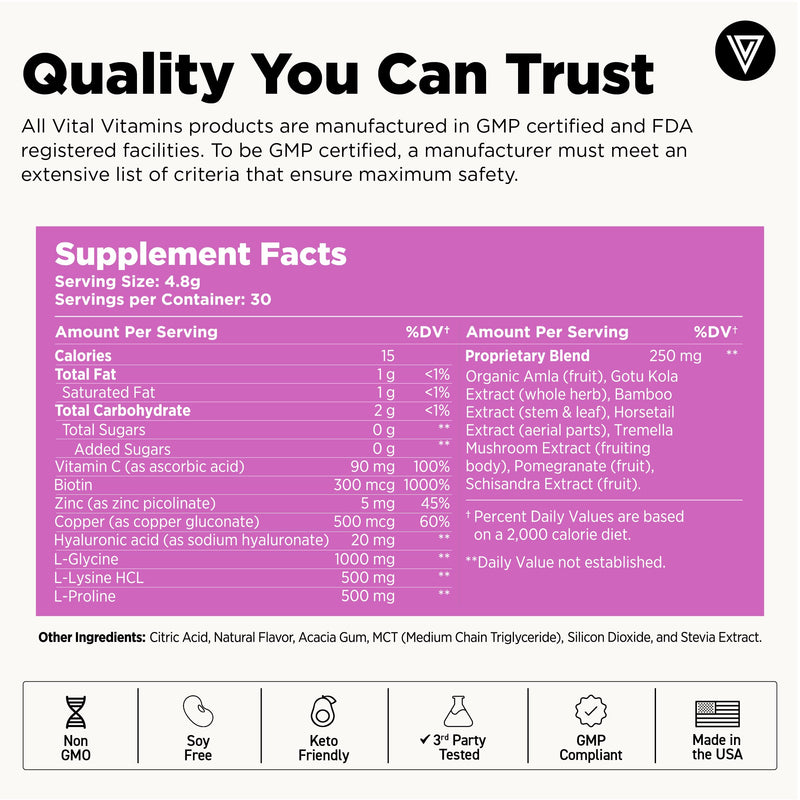 Vital Vitamins Vegan Collagen Booster Powder with Amino Acids & Vitamin C | Mango Raspberry Lemonade Flavor, Plant-Powered Collagen Support with Biotin & Hyaluronic Acid, 30 Servings 1