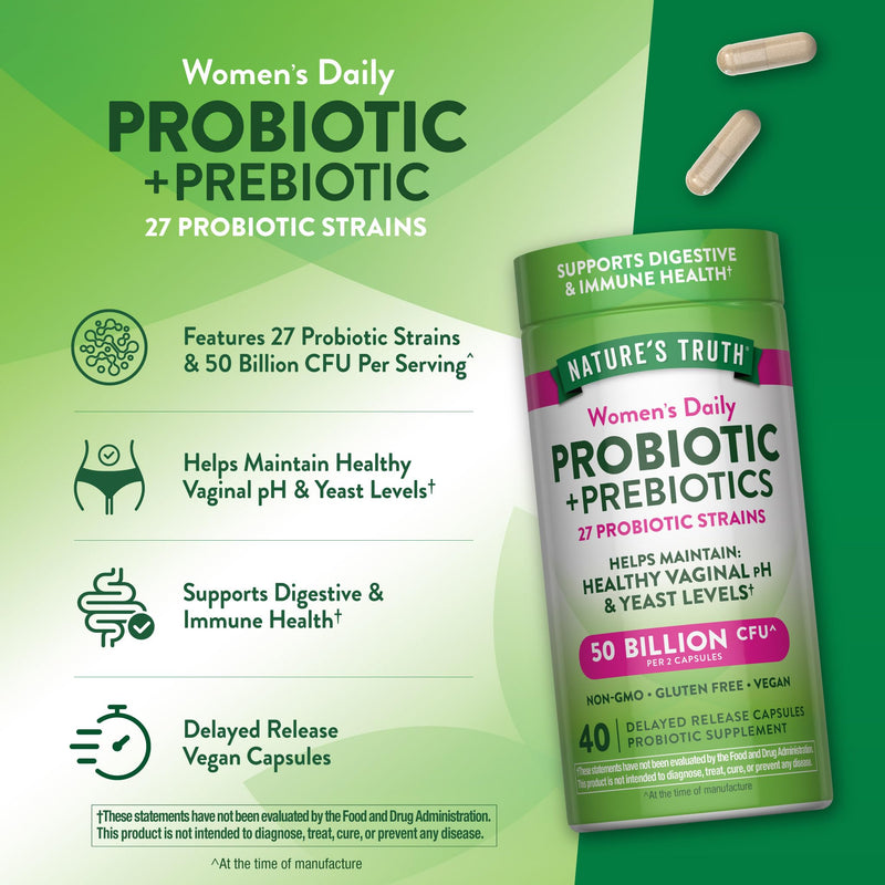 Nature's Truth Women's Daily Probiotic & Prebiotics | 50 Billion CFU | 40 Capsules | Vegan, Non-GMO & Gluten Free Supplement