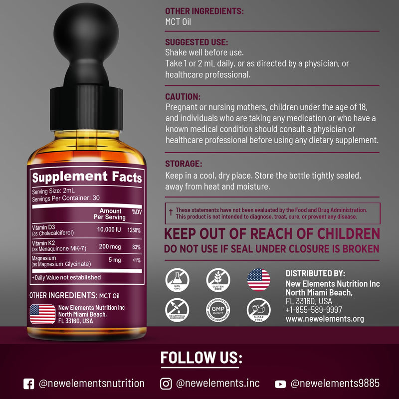 Liquid Vitamin D3 with K2 & Magnesium Glycinate | Vitamin D Drops 10.000 IU | Vitamin K2 200mcg Mk7 | Vitamin D3 + K2 Supplement for Men & Women | High Absorption | MCT Oil | Gluten Free | Non-GMO
