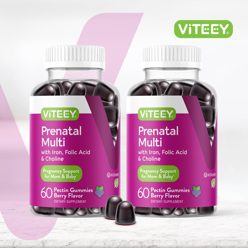 Viteey Prenatal Gummies for Women - Prenatal with Iron | for Pregnancy with Choline & Folic Acid Gummies - Vegetarian, Gluten Free - 120 Count 60 Count (Pack of 2)