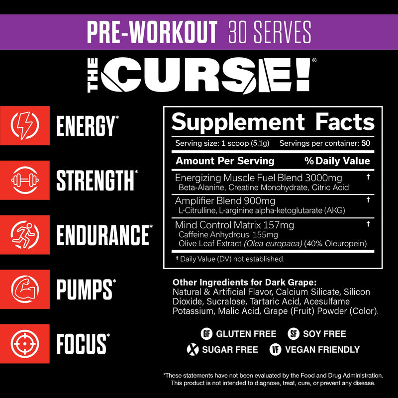 JNX SPORTS The Curse! Pre Workout Powder for Men & Women, Caffeine, Beta-Alanine, Creatine, L-Citrulline, 30 Servings, Dark Grape Flavor ‚Äì Boost Energy, Strength & Focus 5.3 Ounce (Pack of 1) - BeesActive Australia
