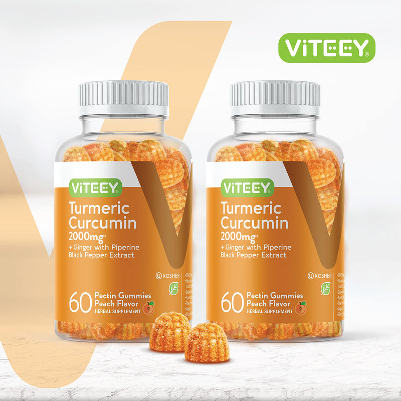 Turmeric Curcumin Gummies with Ginger & Black Pepper Herbal Supplement, 2000mg, Immune Support, Healthy Skin, and Joint Health, Vegan, Pectin Based, for Adults and Teens - Chewable Peach Flavor(2Pack) 60 Count (Pack of 2) - BeesActive Australia
