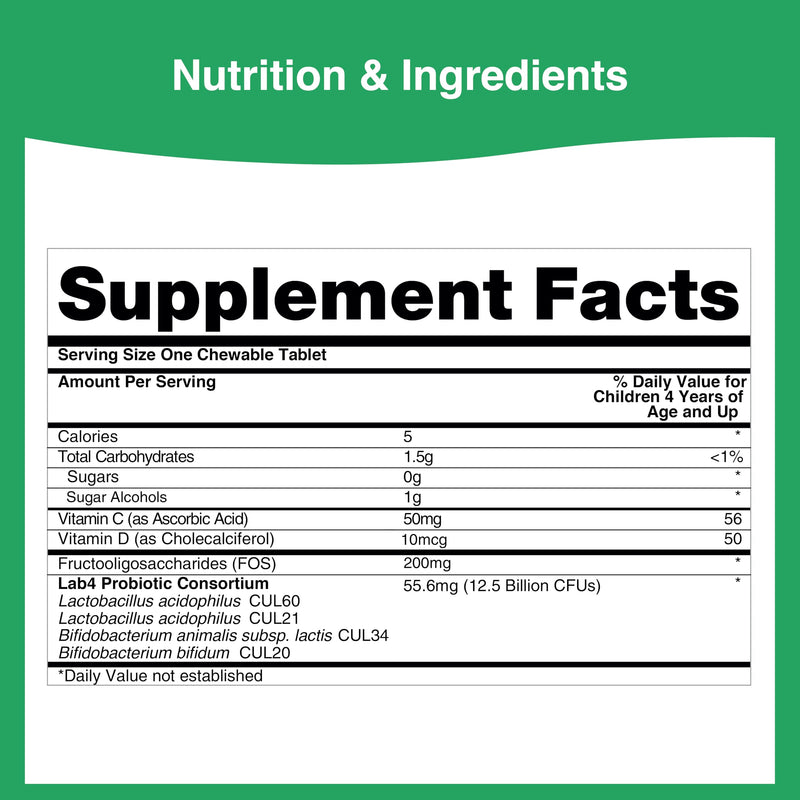 Pro-Ven Fit for School Kids Vitamins Kids Probiotic Chewable Tablets | 12.5 Billion CFUs with Vitamin C & D for Ages 4-16 | Strawberry Flavor | Vegetarian, Gluten & Lactose Free | 30 Daily Tablets