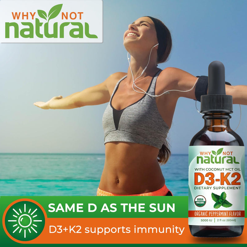 Why Not Natural Organic Vitamin D3 K2 (MK-7) Liquid Drops, 5000 IU of sublingual D3 with Coconut MCT Oil, for Strong Bones and Teeth, Heart and Immune Support - BeesActive Australia