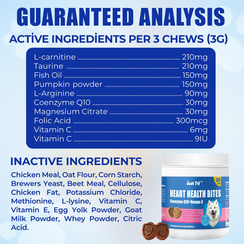 Just Try Coenzyme Q10 Heart Heathy Bites for Dogs - Advanced q10 & Taurine Supplement for Heart Health - Chicken Flavored Chews - Supports Heart Function-10.58oz