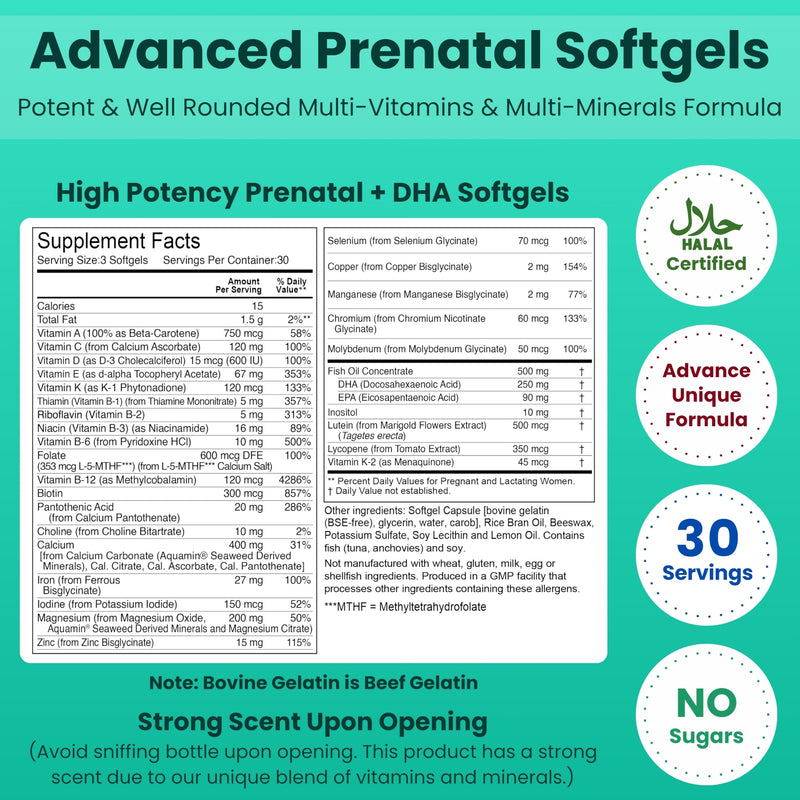 SHIFAA NUTRITION Halal Prenatal Vitamins with DHA and Folic Acid | High Potency 90 Softgels, Keto-Friendly | Vitamin C 120mg, DHA 250mg, Folic Acid 800mg, EPA 90mg, Biotin & Iodine