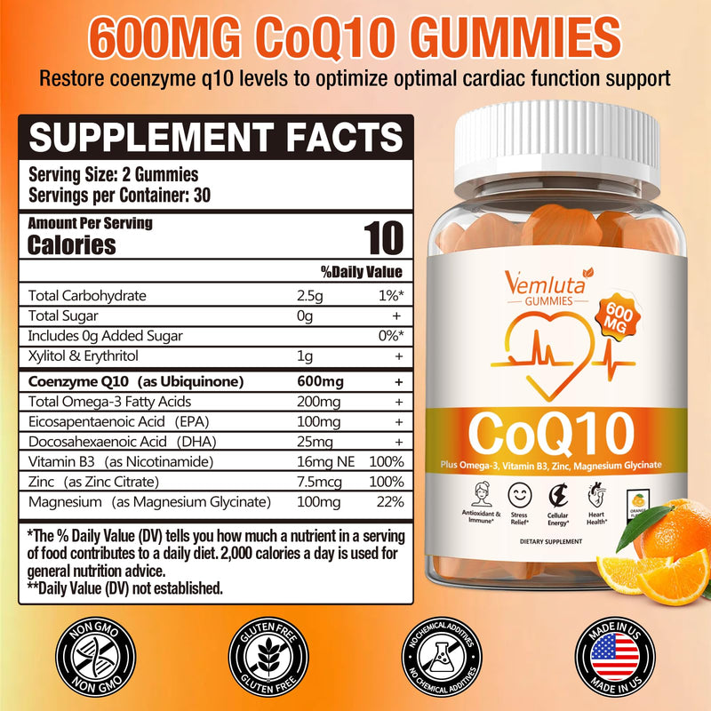 2 Pack CoQ10 Gummies, CoQ10-600mg- 3X Better Absorption Co q 10 Supplement Plus Omega-3, Magnesium, Vitamin B3 & Zinc for Adults Energy, Brain＆ Heart Support,120 Counts 60 Count (Pack of 2)