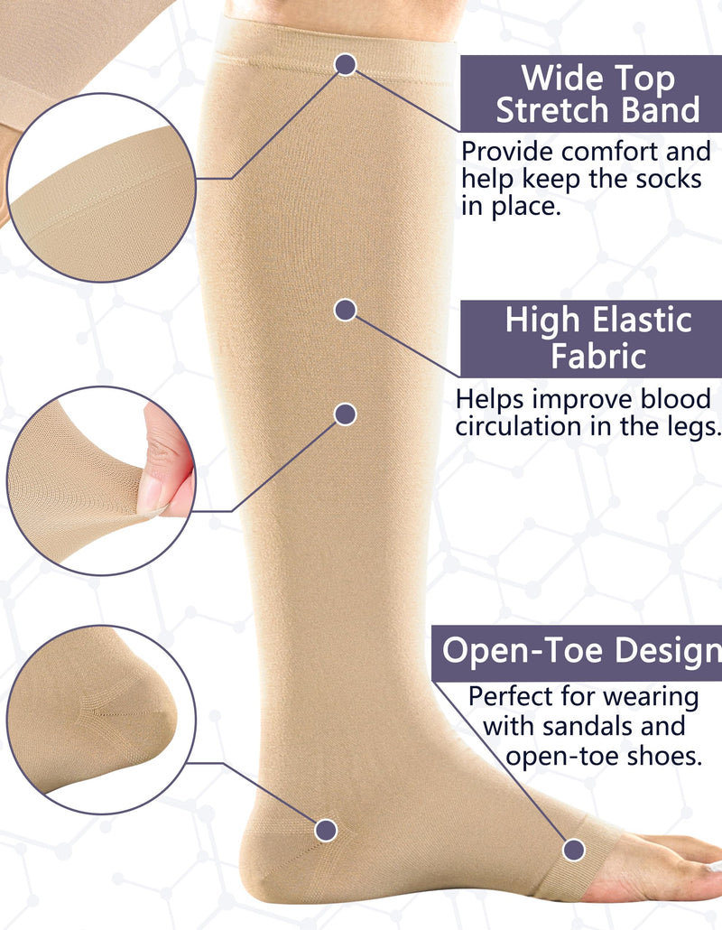 +MD 2 Pairs Medical Compression Socks for Women & Men 20-30 mmHg, knee High Open Toe Stocking for Edema, Varicose Veins Medium 2 Pairs Nude - BeesActive Australia