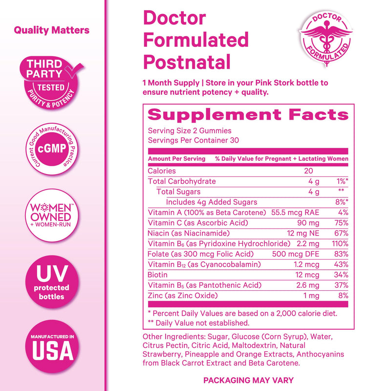 Pink Stork Total Postnatal Vitamin Gummies, 60 Count | Multivitamin for Postpartum Recovery, Lactation Support, Folic Acid, B6, Zinc, + Vitamin C, Postpartum Essentials 60 Count (Pack of 1)