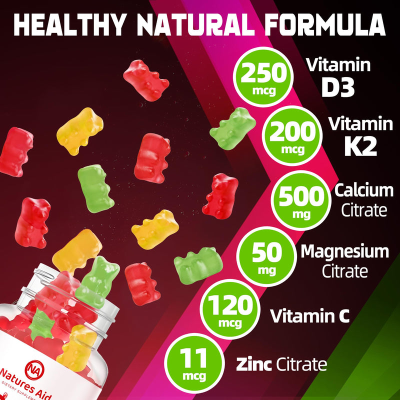 Natures aid Sugar-Free Vitamin D3 K2 Gummies with Calcium + K2 (MK-7), Magnesium Citrate, Vitamin C, Extra Strength - Ultimate Absorption for Bone Muscle Teeth Immune, Vegan - 120 Gummies 120 Count (Pack of 1)